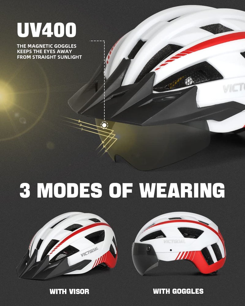 VICTGOAL Bike Helmet for Men Women with Led Light Detachable Magnetic Goggles Removable Sun Visor Mountain & Road Bicycle Helmets Adjustable Size Adult Cycling Helmets (L: 57-61 cm, White) - Image 2